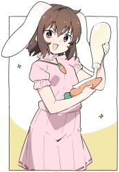 Rule 34 | + +, 1girl, :3, animal ears, breasts, brown hair, carrot, carrot necklace, commentary request, cowboy shot, food, highres, holding, holding food, inaba tewi, jewelry, kt kkz, looking at viewer, mayonnaise, medium hair, necklace, one-hour drawing challenge, open mouth, pink shirt, pink skirt, rabbit ears, red eyes, shirt, skirt, small breasts, smile, solo, sparkle, squeeze bottle, touhou, v-shaped eyebrows, white background, yellow background