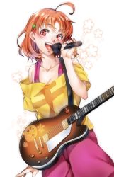 Rule 34 | 1girl, :d, ahoge, clover hair ornament, collarbone, hair ornament, highres, holding, holding instrument, holding microphone, instrument, love live!, love live! school idol festival, love live! sunshine!!, microphone, music, nakano maru, off-shoulder shirt, off shoulder, open mouth, orange hair, pants, pink pants, print shirt, red eyes, shirt, short hair, short sleeves, singing, smile, solo, standing, takami chika, white background, yellow shirt
