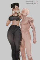 Rule 34 | 1boy, 1girl, absurdres, alternate costume, arm around shoulder, biting own lip, black bra, black hair, black pants, blush, bra, breasts, capcom, chun-li, clothed female nude male, double bun, faceless, faceless male, flaccid, foreskin, grey eyes, hair bun, hair ribbon, height difference, hetero, highres, large breasts, large penis, long legs, midriff, nose blush, nude, pants, penis, penis awe, ribbon, sports bra, street fighter, street fighter v, taut clothes, thick thighs, thighs, tight clothes, tight pants, toned, tumtumisu, uncensored, underwear, yellow ribbon, yoga pants