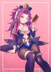 Rule 34 | 1girl, ;), anbe yoshirou, angela (seiken densetsu 3), arm at side, blue headwear, blue leotard, blush, boots, breasts, brown thighhighs, candy, center opening, chocolate, chocolate bar, choker, cleavage, closed mouth, collarbone, feet out of frame, food, forehead, fur-trimmed boots, fur trim, green eyes, highres, holding, holding food, leotard, long hair, long sleeves, looking at viewer, medium breasts, navel, one eye closed, out of frame, outside border, pantyhose, pink background, ponytail, purple choker, purple footwear, purple hair, seiken densetsu, seiken densetsu 3, signature, sitting, smile, solo, thigh boots, thighhighs, very long hair