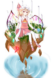 Rule 34 | 1girl, absurdres, ascot, back bow, blonde hair, blue flower, bow, breasts, brooch, collarbone, collared shirt, crystal, flandre scarlet, floating rock, flower, frilled ascot, frilled shirt collar, frilled skirt, frilled sleeves, frills, full body, glowing, glowing wings, grass, hands on ground, head tilt, highres, jewelry, large bow, mary janes, medium hair, mero (ly21207), multicolored wings, on ground, open mouth, red brooch, red flower, red footwear, red skirt, red vest, shirt, shoes, sitting, skirt, skirt set, small breasts, solo, thighhighs, touhou, vest, white background, white bow, white headwear, white shirt, white thighhighs, wings, yellow ascot, yellow flower