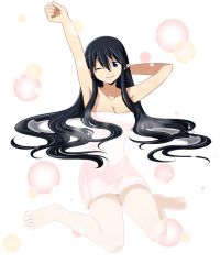 Rule 34 | 1girl, ;), arm up, armpits, barefoot, bathing, black eyes, black hair, breasts, cleavage, collarbone, feet, full body, hair between eyes, kushi yatama, log horizon, long hair, looking at viewer, medium breasts, naked towel, no shoes, official art, one eye closed, partially submerged, pointy ears, sitting, smile, solo, toes, towel, transparent background, very long hair, white towel