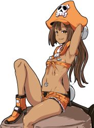 Rule 34 | 1girl, :q, adapted costume, anchor, ankle boots, arm up, armpits, bikini, bikini top only, boots, breasts, brown eyes, brown hair, covered erect nipples, dark-skinned female, dark skin, detached collar, front-tie bikini top, front-tie top, guilty gear, guilty gear xrd, hat, high heel boots, high heels, huge weapon, leg up, long hair, looking at viewer, may (guilty gear), naughty face, navel, navel piercing, open fly, orange hat, piercing, pirate hat, poncocchan, sailor collar, short shorts, shorts, simple background, sitting, small breasts, solo, swimsuit, tongue, tongue out, weapon, white background