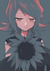 Rule 34 | 1girl, closed mouth, downcast eyes, flower, grey background, grey theme, half-closed eyes, highres, kagamine rin, looking at object, looking down, muted color, sailor collar, short hair, simple background, solo, sunflower, takamiya yuu, vocaloid
