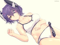 Rule 34 | 10s, 1girl, bad id, bad twitter id, bikini, breasts, collarbone, cowboy shot, dutch angle, eyepatch, hand on own stomach, headgear, highres, infinote, kantai collection, looking at viewer, lying, navel, on back, purple hair, short hair, simple background, solo, swimsuit, tenryuu (kancolle), twitter username, white bikini, yellow eyes
