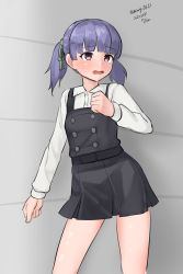Rule 34 | 1girl, absurdres, black dress, blunt bangs, contrapposto, cowboy shot, dated, dress, grey hair, highres, kantai collection, long hair, looking to the side, maru (marg0613), ooshio (kancolle), ooshio kai ni (kancolle), pinafore dress, shirt, short hair, short twintails, sleeveless dress, solo, standing, twintails, twitter username, white shirt
