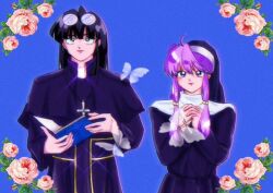 1boy 1girl black_hair blue_background cross glasses mousse_(ranma_1/2) nun priest purple_hair ranma_1/2 shampoo_(ranma_1/2) sidelocks