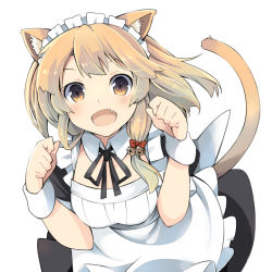 Rule 34 | 1girl, :d, animal ears, bell, blonde hair, bow, cat ears, cat tail, fang, hair bell, hair bow, hair ornament, jingle bell, long hair, looking at viewer, maid, maid headdress, open mouth, original, paw pose, simple background, smile, solo, tail, wara (warapro), white background, wrist cuffs, yellow eyes