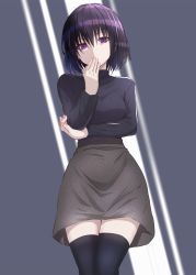 Rule 34 | 1girl, black hair, black sweater, black thighhighs, commentary request, covering own mouth, dande cat, fingernails, grey skirt, hand over own mouth, highres, kuonji alice, long sleeves, looking at viewer, mahou tsukai no yoru, polka dot, polka dot skirt, purple eyes, short hair, skirt, solo, sweater, thighhighs, turtleneck, turtleneck sweater, zettai ryouiki