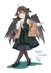 Rule 34 | 1girl, :d, ahoge, alternate costume, black hair, black pantyhose, black wings, brown scarf, casual, commentary request, contemporary, dress, feathered wings, full body, green ribbon, grey dress, hair between eyes, hair ribbon, hand up, high heels, highres, long hair, long sleeves, mary janes, open mouth, pantyhose, pinafore dress, plaid, plaid dress, plaid scarf, red eyes, reiuji utsuho, ribbon, scarf, shoes, signature, simple background, sleeveless dress, sleeves past wrists, smile, solo, sweater, touhou, toutenkou, translation request, unmoving pattern, very long hair, walking, white background, white sweater, wings