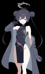Rule 34 | 1girl, bare shoulders, black background, black gloves, black hair, blue archive, breasts, china dress, chinese clothes, covered navel, double bun, dragon print, dress, gloves, grey eyes, grey halo, grey jacket, hair bun, halo, highres, jacket, kisaki (blue archive), long hair, looking at viewer, neonveov, pelvic curtain, print dress, simple background, small breasts, solo, standing, striped clothes, striped jacket, thighs, twintails, vertical-striped clothes, vertical-striped jacket