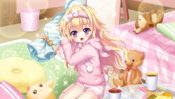 Rule 34 | 1girl, :o, bed, bird, blonde hair, bow, bowtie, chick, coaster, cracker, cup, dot nose, drink, film grain, food, full-length mirror, game cg, hairband, hasegawa mii, holding, holding pillow, hood, izumi tsubasu, lens flare, long hair, looking at viewer, mirror, non-web source, official art, open mouth, pajamas, pillow, pink hairband, pink pajamas, pink shorts, pink socks, plaid, plaid bow, plaid bowtie, pocky, polka dot, pom pom (clothes), purple eyes, rabbit pajamas, re:stage!, red bow, red bowtie, rug, shorts, sitting, socks, solo, sparkle, sparkling eyes, striped clothes, striped shorts, stuffed animal, stuffed toy, teddy bear, teeth, trash can, upper teeth only, wariza, wooden door