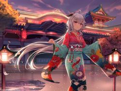 Rule 34 | 1girl, ahoge, blue kimono, blurry, blurry background, blush, closed mouth, commentary request, curled horns, depth of field, floating hair, floral print, ganyu (genshin impact), genshin impact, hair between eyes, highres, horns, japanese clothes, kimono, lantern, long hair, long sleeves, nay, obi, outdoors, paper lantern, pinching sleeves, print kimono, red eyes, red kimono, revision, sash, shrine, silver hair, sleeves past wrists, smile, solo, standing, sunset, two-tone, very long hair, wide sleeves