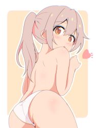 Rule 34 | 1girl, :o, ass, back, blush, border, brown eyes, commentary, from behind, hair between eyes, heart, highres, long hair, looking at viewer, looking back, onii-chan wa oshimai!, open mouth, outline, outside border, oyama mahiro, panties, pink hair, ponytail, simple background, solo, topless, underwear, underwear only, unkimo, white border, white outline, white panties, yellow background