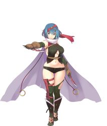 Rule 34 | 1girl, blue eyes, blue hair, boots, breasts, brown gloves, cloak, cypria (sennen sensou aigis), full body, gloves, holding, knife, large breasts, legs, looking at viewer, matching hair/eyes, navel, parted lips, sennen sensou aigis, serious, short hair, short shorts, shorts, solo, standing, thighhighs, thighs, transparent background, white background