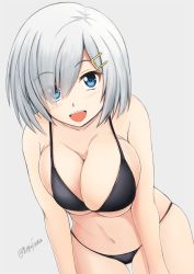Rule 34 | 1girl, bikini, black bikini, blue eyes, breasts, cleavage, collarbone, fuuma nagi, grey background, hair ornament, hair over one eye, hairclip, hamakaze (kancolle), kantai collection, large breasts, leaning forward, looking at viewer, navel, open mouth, short hair, silver hair, simple background, skindentation, solo, swimsuit, twitter username, upper body