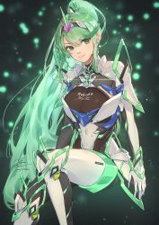 Rule 34 | 1girl, armor, black gloves, bodysuit, breasts, chest jewel, cleavage, drop earrings, earrings, elbow gloves, fadingz, gloves, green eyes, green hair, highres, invisible chair, jewelry, large breasts, leg armor, leotard, leotard under clothes, long hair, looking at viewer, pixiv id, pneuma (xenoblade), ponytail, see-through, see-through leotard, shoulder armor, signature, simple background, sitting, smile, solo, star (symbol), star earrings, swept bangs, tiara, two-tone gloves, very long hair, white bodysuit, white gloves, wrist guards, xenoblade chronicles (series), xenoblade chronicles 2