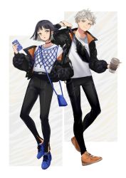 Rule 34 | 2boys, black choker, black jacket, black pants, blue footwear, bob cut, cellphone, choker, closed mouth, coffee cup, colored inner hair, cup, disposable cup, down jacket, fanny pack, grey background, grey eyes, hair ornament, hairclip, highres, holding, holding phone, jacket, looking at viewer, multicolored hair, multiple boys, orange footwear, original, pants, parted lips, phone, shirt, shoes, short hair, smartphone, smile, sogawa, trap, white shirt