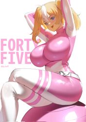 Rule 34 | arms behind head, ball, blonde hair, blue eyes, bodysuit, breasts, english text, highres, huge breasts, lulu-chan92, multicolored hair, original, simple background, sitting, tagme, thick thighs, thighs, white background