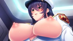 Rule 34 | 1girl, badge, blush, breasts, breasts out, embarrassed, female focus, from below, game cg, green eyes, hair between eyes, hat, huracan, indoors, kyonyuu onna shikan sennou saimin, large breasts, light blush, long hair, looking at viewer, looking down, lune (company), maria lawrence, neon lights, nipples, no bra, nose blush, open mouth, original, purple hair, solo, unbuttoned, unbuttoned shirt, uniform, upper body