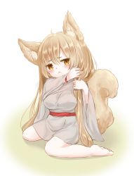 Rule 34 | 1girl, :&lt;, akira b, animal ears, barefoot, blush, breasts, brown eyes, closed mouth, commentary request, fox ears, fox girl, fox tail, grey kimono, hair between eyes, hand in own hair, head tilt, holding, holding hair, japanese clothes, kimono, light brown hair, long hair, long sleeves, medium breasts, mole, mole under eye, original, sitting, soles, solo, tail, very long hair, wariza, wide sleeves
