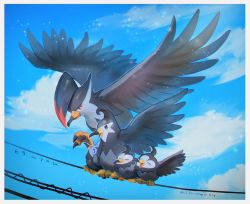 Rule 34 | bird, border, bright pupils, closed eyes, closed mouth, cloud, commentary, creatures (company), day, evolutionary line, game freak, gen 4 pokemon, highres, kikuyoshi (tracco), nintendo, no humans, outdoors, pokemon, pokemon (creature), signature, sky, staraptor, staravia, starly, white border, white pupils