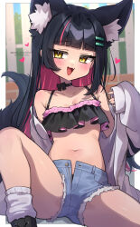 Rule 34 | 1girl, animal ear fluff, animal ears, averting eyes, bare shoulders, bikini, bikini top only, black bikini, black choker, black footwear, black hair, blunt bangs, blush, border, breasts, choker, collarbone, colored inner hair, commentary, commission, denim, denim shorts, fang, feet out of frame, foreshortening, fox ears, fox girl, fox tail, frilled bikini, frills, hair ornament, hairclip, heart, highres, jacket, knee up, looking to the side, loose socks, midriff, multicolored hair, navel, open clothes, open fly, open jacket, open mouth, original, outside border, short shorts, shorts, sitting, skeb commission, sleeves past wrists, small breasts, smile, smug, socks, solo, spread legs, stomach, streaked hair, swimsuit, tail, thighs, trente, twitter username, two-tone hair, white border, white jacket, white socks, yellow eyes