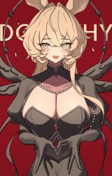 Rule 34 | 1girl, 360 (taiyo360), :d, absurdres, animal ears, arknights, black dress, blonde hair, blush, breasts, character name, cleavage, crossed bangs, dorothy (arknights), dorothy (hand of destiny) (arknights), dress, hair between eyes, heart, heart hands, highres, large breasts, long hair, looking at viewer, mouse ears, mouse girl, official alternate costume, open mouth, smile, solo, upper body, yellow eyes