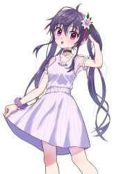 Rule 34 | 1girl, blush, choker, commentary request, dress, ebisuzawa kurumi, flower, gakkou gurashi!, hair flower, hair ornament, hair ribbon, hand up, highres, long hair, looking to the side, open mouth, pendant choker, purple eyes, purple hair, ribbon, scrunchie, see-through, see-through sleeves, short sleeves, skirt hold, solo, striped clothes, striped dress, twintails, user pcsh3757, vertical-striped clothes, vertical-striped dress, very long hair, wrist scrunchie