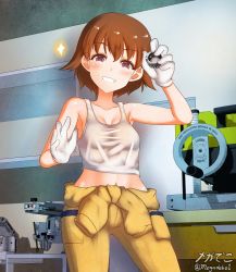 Rule 34 | 1girl, bare shoulders, blue eyes, blush, breasts, brown hair, cleavage, freckles, girls und panzer, gloves, grin, highres, looking at viewer, megadeko, midriff, navel, short hair, small breasts, smile, solo, tank top, tsuchiya (girls und panzer), white gloves, white tank top
