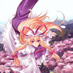Rule 34 | 1girl, armband, blonde hair, blue sky, blurry, bow, breasts, cherry blossoms, day, depth of field, dress, female focus, flying, forest, frilled dress, frills, hair bow, hat, hat bow, large breasts, long hair, long sleeves, looking at viewer, looking up, maki (seventh heaven maxion), mob cap, mountain, nature, petals, purple eyes, ribbon, sky, solo, tabard, touhou, tree, very long hair, white dress, yakumo yukari