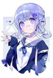 Rule 34 | 1girl, bandaid, bandaid on face, bandaid on hand, bandaid on nose, black bow, blue bow, blue jacket, blue nails, blue ribbon, blue sailor collar, blush stickers, bow, braid, breasts, chon (chon33v), closed mouth, cropped torso, drawstring, hair bow, hair ornament, hairclip, heart, heart hair ornament, highres, jacket, long sleeves, looking at viewer, nail polish, neck ribbon, open clothes, open jacket, original, purple eyes, purple hair, ribbon, sailor collar, shirt, sidelocks, signature, sleeves past wrists, small breasts, smile, solo, twin braids, upper body, white shirt