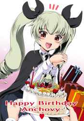 Rule 34 | 10s, 1girl, anchovy (girls und panzer), anzio school uniform, birthday cake, black cape, black necktie, black ribbon, black skirt, cake, candle, cape, character doll, character name, commentary request, dress shirt, drill hair, dutch angle, english text, figure, food, fruit, gift, girls und panzer, gradient background, green hair, hair ribbon, happy birthday, heart, highres, interlocked fingers, kumoi takashi, long hair, long sleeves, looking at viewer, miniskirt, necktie, open mouth, orange (fruit), own hands together, pantyhose, pink background, pleated skirt, pov, red eyes, ribbon, school uniform, shirt, sitting, skirt, smile, solo, solo focus, standing, strawberry, twin drills, twintails, upper body, white pantyhose, white shirt