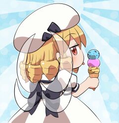 Rule 34 | 1girl, blonde hair, blush, dress, drill hair, fairy, fairy wings, food, hat, holding, holding food, ice cream, luna child, puffy short sleeves, puffy sleeves, red eyes, rokugou daisuke, short hair, short sleeves, signature, solo, tongue, tongue out, touhou, white dress, white hat, wings