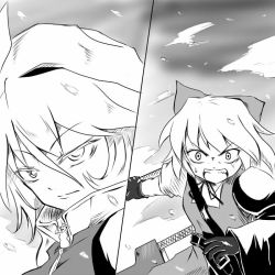 Rule 34 | 2girls, advent cirno, bad id, bad pixiv id, bow, cirno, greyscale, hair bow, hat, letty whiterock, long sleeves, mizukiri, monochrome, multiple girls, open mouth, puffy sleeves, short hair, short sleeves, sweatdrop, sword, touhou, weapon