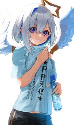 Rule 34 | 1girl, absurdres, amane kanata, black shorts, blue hair, blue shirt, blush, bob cut, bottle, clothes writing, colored inner hair, commentary request, feathered wings, hair between eyes, halo, highres, holding, holding bottle, hololive, mugcup, multicolored hair, parted lips, purple eyes, ramune, shirt, shirt grab, short sleeves, shorts, silver hair, simple background, single hair intake, smile, solo, star halo, translation request, two-tone hair, virtual youtuber, white background, white wings, wings