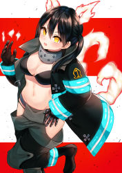 Rule 34 | 1girl, absurdres, baggy pants, bikini, bikini under clothes, black bikini, black coat, black footwear, black hair, blush, boots, breasts, cleavage, coat, collar, commentary request, cowboy shot, en&#039;en no shouboutai, fang, fiery ears, fiery tail, fire, gloves, grey pants, groin, hair between eyes, hand on own hip, highres, hip vent, long hair, long sleeves, looking at viewer, medium breasts, metal gloves, midriff, navel, open clothes, open coat, open mouth, pants, red background, shelty (childcatshiorin), sidelocks, simple background, skin fang, slit pupils, solo, standing, standing on one leg, swimsuit, tail, tamaki kotatsu, twintails, two-tone background, white background, yellow eyes