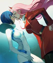 Rule 34 | 10s, 2girls, aqua eyes, asymmetrical hair, belt, black pantyhose, blue hair, blush, bodysuit, breasts, covered navel, darling in the franxx, dress, eye contact, eyes visible through hair, floating hair, green eyes, hair ornament, hairband, hairclip, hand on own hip, horns, ichigo (darling in the franxx), lens flare, licking lips, long hair, looking at another, medium breasts, military, military uniform, multiple girls, nose blush, pantyhose, pilot suit, pink hair, red dress, salmon88, short hair, tongue, tongue out, uniform, very long hair, white bodysuit, yuri, zero two (darling in the franxx)