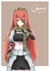 Rule 34 | 1girl, absurdres, arm at side, blush, breasts, camouflage, character name, closed mouth, corset, crossed bangs, cz2128 delta, dated, eyelashes, eyepatch, gloves, green eyes, green gloves, green scarf, hair between eyes, hand up, highres, long hair, looking at viewer, maid, maid headdress, medium breasts, outline, overlord (maruyama), poinia, red hair, ribbon, scarf, solo, tactical maid, unconventional maid, very long hair, white outline, white ribbon
