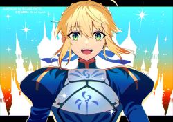 Rule 34 | 1girl, :d, ahoge, armor, artist name, artoria pendragon (all), artoria pendragon (fate), blonde hair, braid, breastplate, castle, dress, fate/grand order, fate/stay night, fate (series), green eyes, hair ribbon, juliet sleeves, long sleeves, meiji ken, multicolored background, open mouth, puffy sleeves, ribbon, saber (fate), smile, solo, teeth, upper body, upper teeth only
