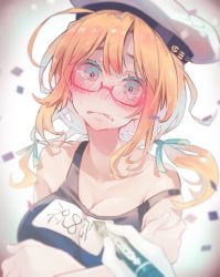 Rule 34 | 1girl, ahoge, blonde hair, blue one-piece swimsuit, blush, breasts, cleavage, confetti, crossed arms, glasses, gloves, hair ribbon, hat, highres, i-8 (kancolle), kantai collection, large breasts, long hair, low twintails, name tag, nose blush, one-piece swimsuit, open mouth, red-framed eyewear, ribbon, ruohire9, school swimsuit, sidelocks, simple background, solo focus, sweat, swimsuit, tears, twintails, white gloves, white headwear, writing