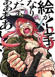 Rule 34 | 1girl, anger vein, animal ears, bad id, bad twitter id, bandage over one eye, borrowed character, rabbit ears, clenched hand, clothes pin, collar, collarbone, extra eyes, gun, hat, imizu (nitro unknown), jacket, open mouth, original, purple eyes, red hair, safety pin, tears, translation request, weapon