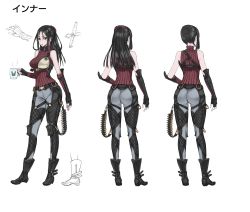 Rule 34 | 1girl, absurdres, ankle boots, ass, bare shoulders, black eyes, black footwear, black hair, boots, breasts, character sheet, commentary request, concept art, elbow gloves, fingerless gloves, full body, glass, gloves, highres, holding, holster, honjou raita, kai schren, knife, large breasts, long hair, looking at viewer, multiple views, official art, open mouth, pants, ribbed sweater, senjou no valkyria (series), senjou no valkyria 4, simple background, sleeveless, standing, sweater, turnaround, white background