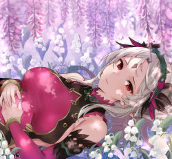 Rule 34 | 1girl, bare shoulders, breasts, closed mouth, commentary request, detached sleeves, dress, facial mark, female focus, fire emblem, fire emblem heroes, flower, forehead mark, grey hair, haru (nakajou-28), highres, large breasts, lips, long hair, looking at viewer, lying, nintendo, pink dress, pink lips, pink sleeves, plant, plumeria (fire emblem), pointy ears, red eyes, sideboob, sidelocks, sleeveless, sleeveless dress, solo, thorns, vines, white flower, wisteria
