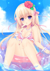 Rule 34 | 1girl, absurdres, blonde hair, blush, breasts, cleavage, cloud, commentary, day, flower, food, hair flower, hair ornament, hair ribbon, highres, holding, holding stick, innertube, jewelry, long hair, medium breasts, necklace, open mouth, original, outdoors, pink ribbon, popsicle, purple eyes, ribbon, shiny skin, sky, solo, sparkle, stick, swim ring, swimsuit, water, water drop, yukimura usagi
