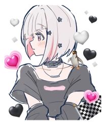 Rule 34 | 1girl, black collar, black shirt, black sleeves, blush, bob cut, border, collar, collarbone, colored inner hair, commentary request, crop top, detached sleeves, diagonal bangs, emoji, facing to the side, grey hair, hair ornament, heart, heart emoji, highres, inverted bob, jewelry, link! like! love live!, looking to the side, love live!, multicolored hair, necklace, parted lips, pink eyes, puffy short sleeves, puffy sleeves, red hair, shirt, short hair, short sleeves, simple background, solo, star (symbol), star hair ornament, streaked hair, techimi, upper body, virtual youtuber, white background, white border, yugiri tsuzuri