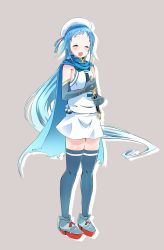 Rule 34 | 10s, 1girl, :d, blue cape, blue hair, blush, cape, closed eyes, dagger, elbow gloves, full body, gloves, gradient clothes, gradient hair, hair flaps, hat, highres, holding, holding weapon, kantai collection, knife, long hair, looking at viewer, multicolored hair, neckerchief, open mouth, ribbon, sailor hat, samidare (kancolle), school uniform, serafuku, sheath, sheathed, shirt, simple background, skirt, sleeveless, sleeveless shirt, smile, solo, standing, swept bangs, thighhighs, very long hair, weapon, white skirt, yokoshima (euphoria), zettai ryouiki