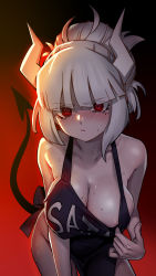 Rule 34 | 1girl, apron, apron pull, areola slip, as109, black apron, blunt bangs, blush, breasts, cleavage, clothes pull, demon girl, demon horns, demon tail, frown, gradient background, hair bun, heart, heart-shaped pupils, helltaker, highres, horns, large breasts, leaning forward, long hair, looking at viewer, lucifer (helltaker), mole, mole on breast, mole under eye, no bra, red background, red eyes, sidelocks, single hair bun, solo, sweat, symbol-shaped pupils, tail, white hair