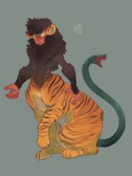 Rule 34 | animal focus, beckoning, fangs, furry, grey background, highres, looking at viewer, making-of available, monkey, monster, no humans, nue, original, prussiancatdog, simple background, sitting, slit pupils, snake tail, solo, tail, taur, tiger, yellow eyes