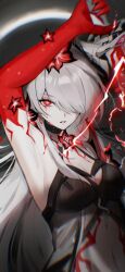 Rule 34 | 1girl, acheron (honkai: star rail), arm up, armpits, black choker, black hole, blood, bloody tears, body markings, breasts, choker, cleavage, closed eyes, coat, detached sleeves, flower, hair over one eye, highres, holding, holding sword, holding weapon, honkai: star rail, honkai (series), long hair, midriff, mizureito, navel, red eyes, red flower, single bare shoulder, solo, stomach, sword, upper body, weapon, white coat, white hair